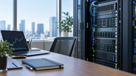 自然光が差し込むオフィスのサーバーラックと、為替チャートを表示したノートパソコン