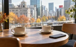 カフェのテーブルに置かれた2つのコーヒーカップとスマートフォンのイメージ（AI生成）