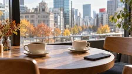 カフェのテーブルに置かれた2つのコーヒーカップとスマートフォンのイメージ（AI生成）