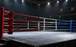 照明が当たる無人の格闘技リングのイメージ（AI生成。実際の会場写真ではありません）