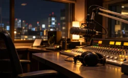夜のラジオ局の放送ブース、アームに付いたマイクとヘッドホン、ミキサー卓