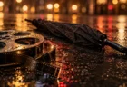 雨に濡れた夜の路面に置かれた映画フィルムのリールと閉じた黒い傘、背景にぼけた街の灯り