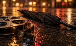雨に濡れた夜の路面に置かれた映画フィルムのリールと閉じた黒い傘、背景にぼけた街の灯り