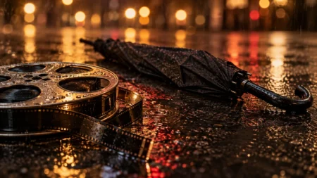 雨に濡れた夜の路面に置かれた映画フィルムのリールと閉じた黒い傘、背景にぼけた街の灯り
