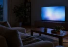 夜のリビングでテレビ画面の光だけが灯るソファとローテーブル