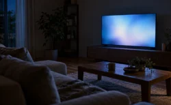 夜のリビングでテレビ画面の光だけが灯るソファとローテーブル
