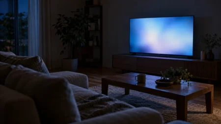 夜のリビングでテレビ画面の光だけが灯るソファとローテーブル