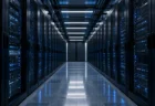 薄暗いデータセンターに並ぶサーバーラックと青白いLEDランプ