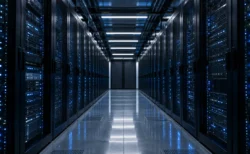 薄暗いデータセンターに並ぶサーバーラックと青白いLEDランプ