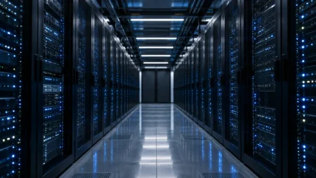 薄暗いデータセンターに並ぶサーバーラックと青白いLEDランプ