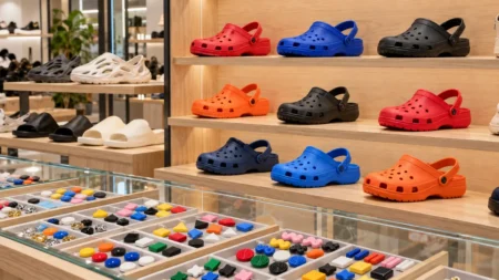 木製の棚にカラフルな樹脂製サンダルが並び、手前のガラスケースに靴用チャームが並ぶショップの店内