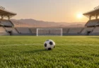夕日が差し込む無人のサッカースタジアムのピッチに置かれたボールとゴール