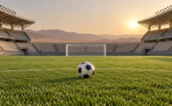 夕日が差し込む無人のサッカースタジアムのピッチに置かれたボールとゴール