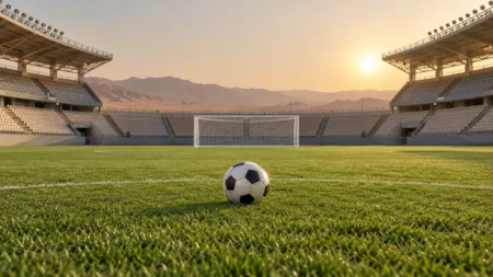 夕日が差し込む無人のサッカースタジアムのピッチに置かれたボールとゴール