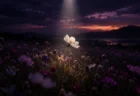 夕暮れの暗い花畑で、スポットライトを浴びる一輪の白い花