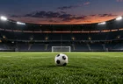 夕暮れの照明に照らされた無人のサッカースタジアムのピッチ中央に置かれたボール