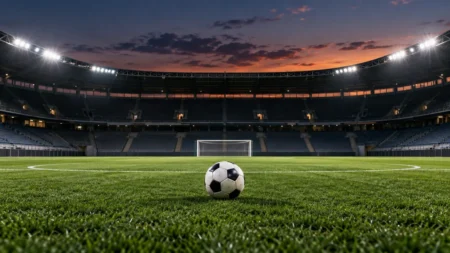 夕暮れの照明に照らされた無人のサッカースタジアムのピッチ中央に置かれたボール