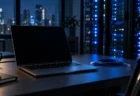 夜のオフィスのデスクに置かれたノートパソコンとLANケーブル、背後に青く光るサーバーラック