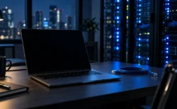 夜のオフィスのデスクに置かれたノートパソコンとLANケーブル、背後に青く光るサーバーラック