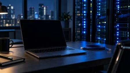 夜のオフィスのデスクに置かれたノートパソコンとLANケーブル、背後に青く光るサーバーラック