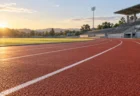 朝日に照らされた陸上競技場の赤いトラックと白いレーンライン、奥にスタンド