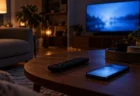 夜のリビングのローテーブルに置かれたリモコンとスマートフォン、奥で青く光るテレビ画面