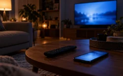 夜のリビングのローテーブルに置かれたリモコンとスマートフォン、奥で青く光るテレビ画面