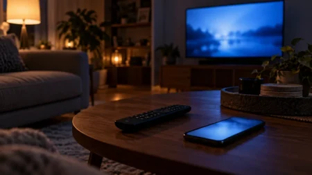 夜のリビングのローテーブルに置かれたリモコンとスマートフォン、奥で青く光るテレビ画面