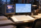 アニメ制作の作業机に並ぶ古いブラウン管と新しいモニター、手前で光るライトテーブル