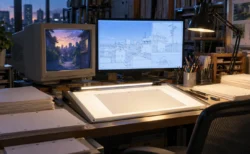 アニメ制作の作業机に並ぶ古いブラウン管と新しいモニター、手前で光るライトテーブル
