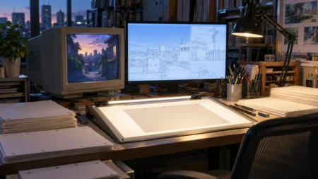 アニメ制作の作業机に並ぶ古いブラウン管と新しいモニター、手前で光るライトテーブル
