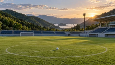緑の山々と海を望む小さなサッカースタジアムの芝生、センターサークルに置かれたボール