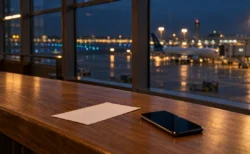 夜の空港の出発ロビー。窓の外に滑走路の灯り、木目のカウンターに無地の紙片とスマートフォン