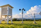 青空と積雲を背景に、芝生の上に並ぶ白い百葉箱と風速計・風向計