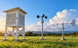 青空と積雲を背景に、芝生の上に並ぶ白い百葉箱と風速計・風向計