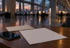 夕方の展示会場のロビー。奥に行き交う人影、手前の木のテーブルにスマートフォンと封筒、白い紙