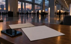 夕方の展示会場のロビー。奥に行き交う人影、手前の木のテーブルにスマートフォンと封筒、白い紙