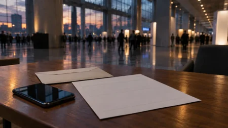 夕方の展示会場のロビー。奥に行き交う人影、手前の木のテーブルにスマートフォンと封筒、白い紙