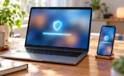 木の机に並んだノートパソコンとスマートフォン、画面に盾のマークと更新中のバー