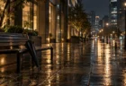 雨上がりの夜の歩道、街灯の下のベンチに立てかけられた一本の傘