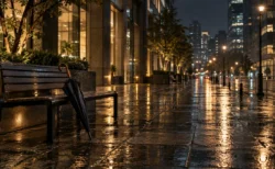 雨上がりの夜の歩道、街灯の下のベンチに立てかけられた一本の傘