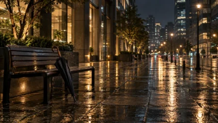 雨上がりの夜の歩道、街灯の下のベンチに立てかけられた一本の傘