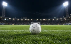 照明に照らされた夜のサッカースタジアムのピッチ中央に置かれた白いサッカーボール