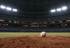 ナイター照明に照らされたドーム球場のマウンドと、その上に置かれた野球ボール