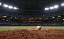 ナイター照明に照らされたドーム球場のマウンドと、その上に置かれた野球ボール