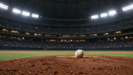ナイター照明に照らされたドーム球場のマウンドと、その上に置かれた野球ボール