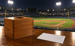 照明に照らされた抽選箱と、背景にぼやけたプロ野球の球場の夜景