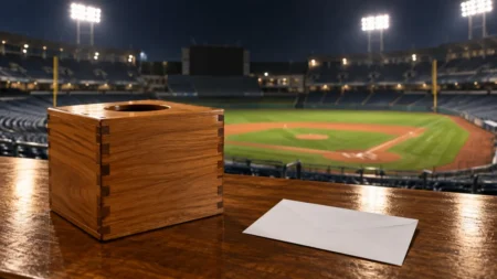 照明に照らされた抽選箱と、背景にぼやけたプロ野球の球場の夜景