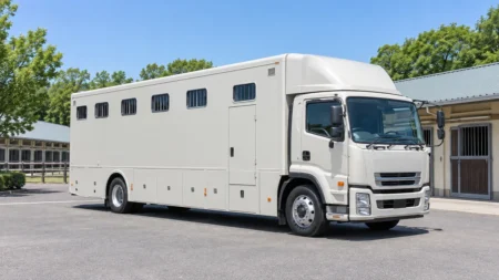 トレーニングセンターの駐車場に停まる大型の馬運車