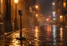 雨上がりの夜の石畳の街角に、レトロなスタンドマイクがひとつ立っている